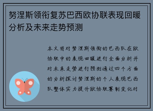 努涅斯领衔复苏巴西欧协联表现回暖分析及未来走势预测